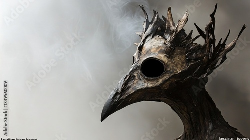 A plague doctor mask made of wood with a long beak and dark eye sockets. Smoke emanates from the mask against a soft background.