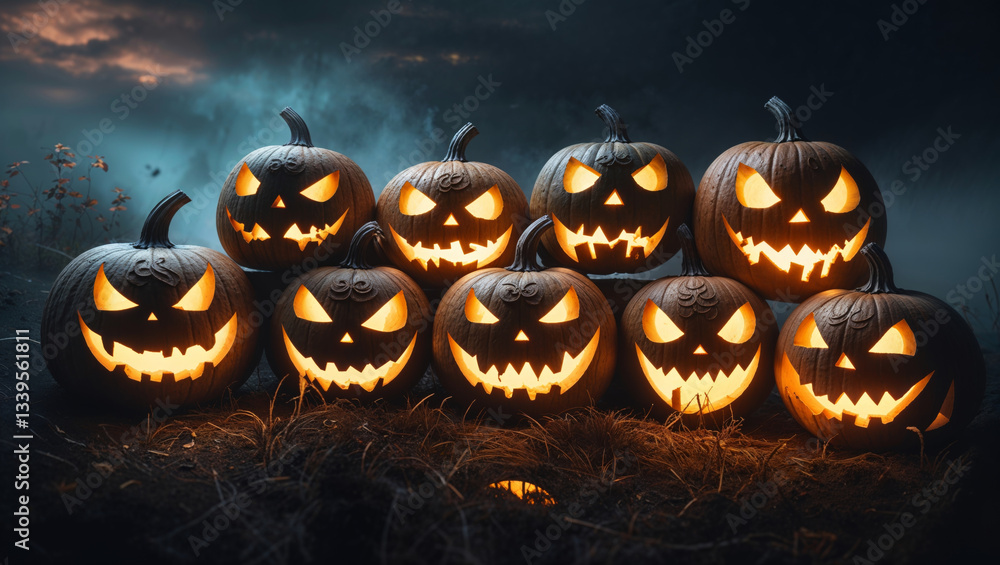 Illuminated jack-o'-lanterns create an eerie Halloween ambiance against a dark, misty night backdrop. Illuminated jack-o'-lanterns create an eerie Halloween ambiance against a dark, misty night backdrop.