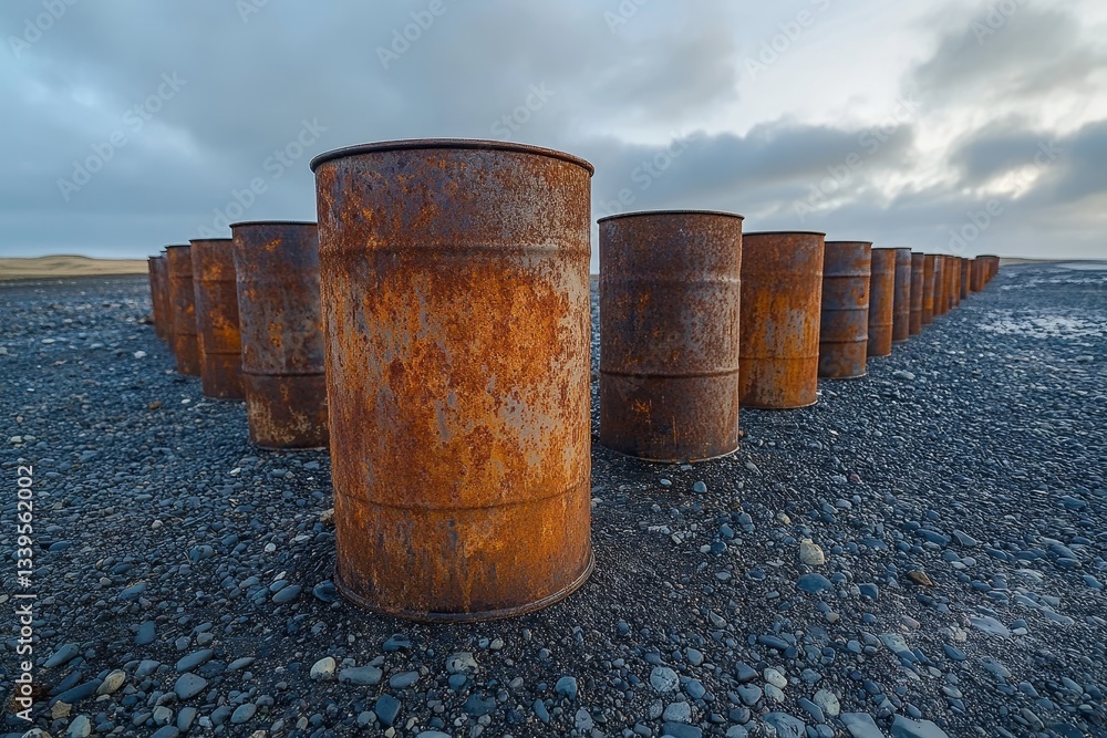 Naklejka premium Rusty metal barrels lined up on a rocky landscape under a dramatic sky at dusk