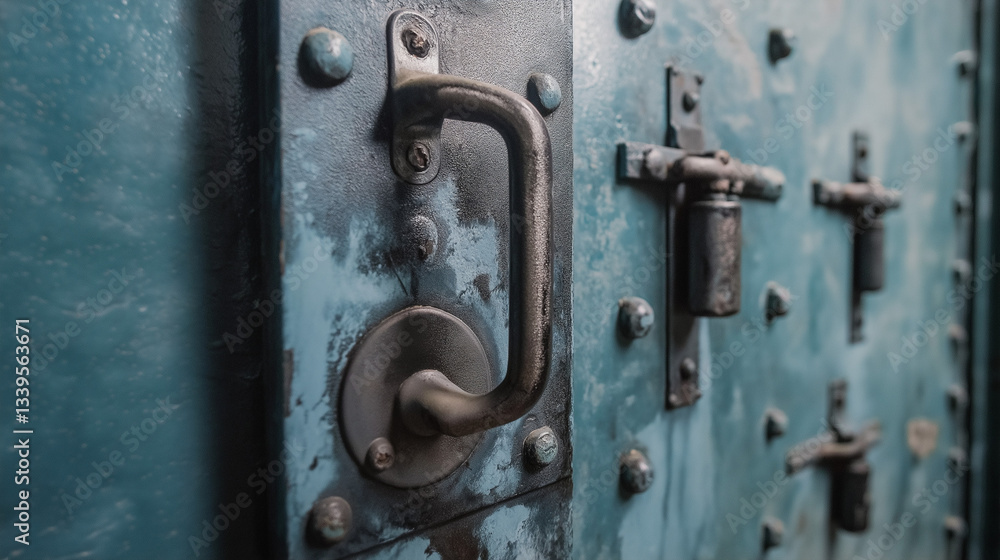 Intriguing close-up view of a cold steel door defining a stark solitary confinement cell ambiance Intriguing close-up view of a cold steel door defining a stark solitary confinement cell ambiance