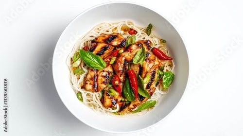 Thai basil chicken stirfry in white bowl detailed photo
