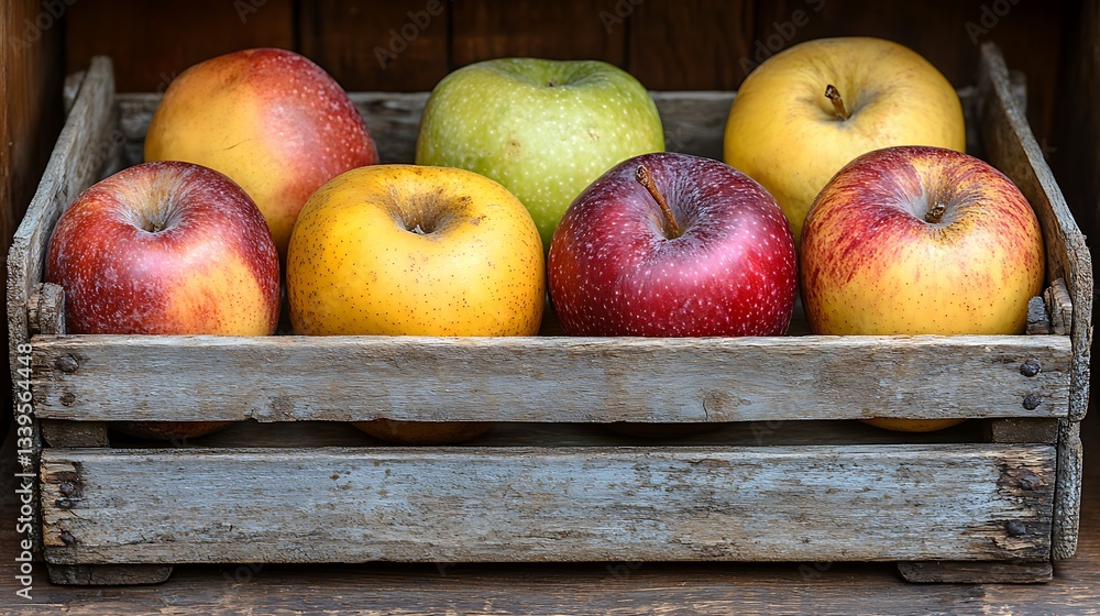 Six ripe apples in rustic wooden crate. Six ripe apples in rustic wooden crate.
