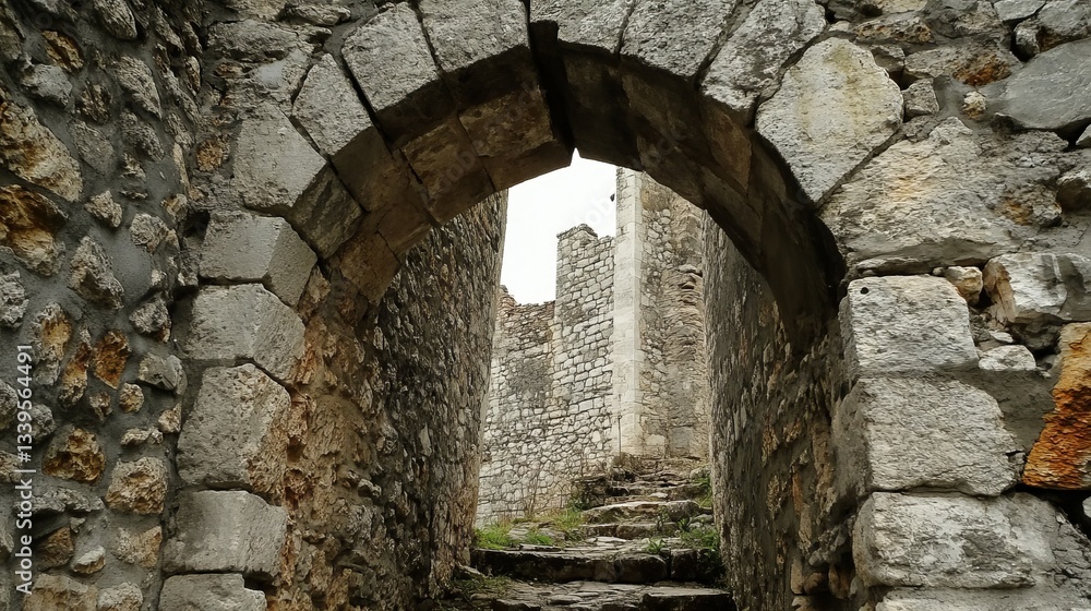 Obraz premium A rustic stone arch built from gray blocks forming an entrance in an ancient castle wall