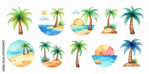 Summer icon watercolor scenes of tropical beaches and palm trees bright colors artistic vibes