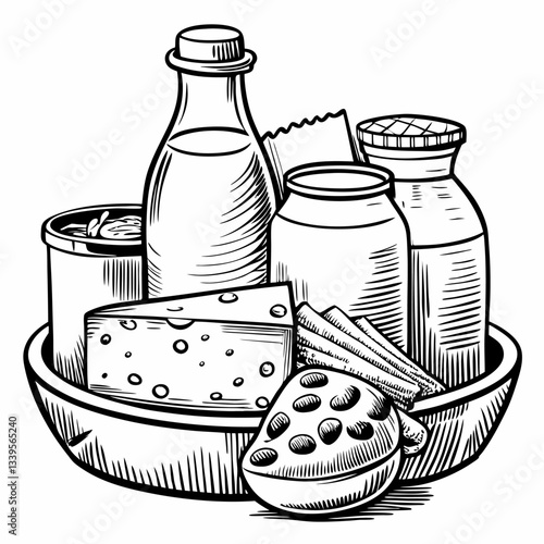 Hand Drawn Dairy and Pantry Goods Bottles, Cheese, and Snacks in Vintage Style Illustration