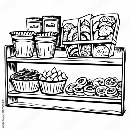 Hand Drawn Bakery Shelf with Assorted Pastries and Breads in Vintage Style