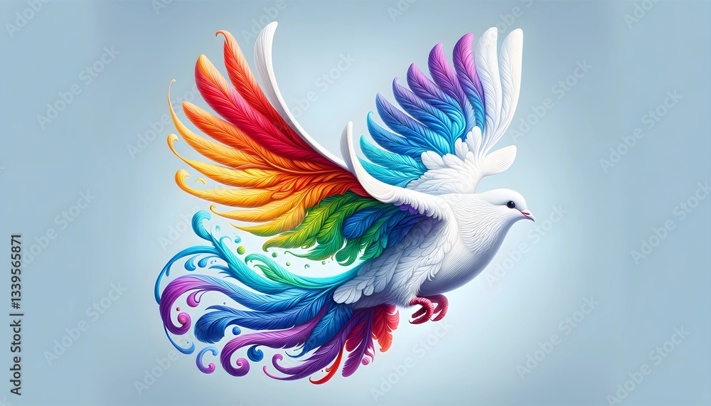 Fototapeta premium A white dove with rainbow colored feathers in flight against a light blue gradient background