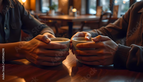 Two hands gently cradle warm coffee cups in a cozy café, steam rising as a quiet moment of warmth and connection unfolds over aromatic drinks