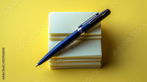 Elegant navy blue pen on pile of cream colored cards with yellow backdrop