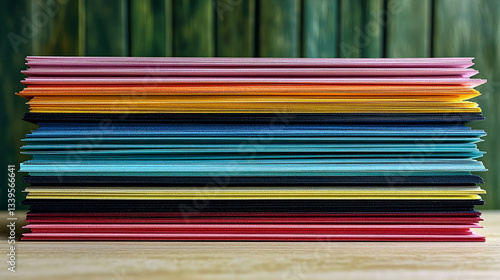 Rainbow collection of stacked colored paper files on light wood surface