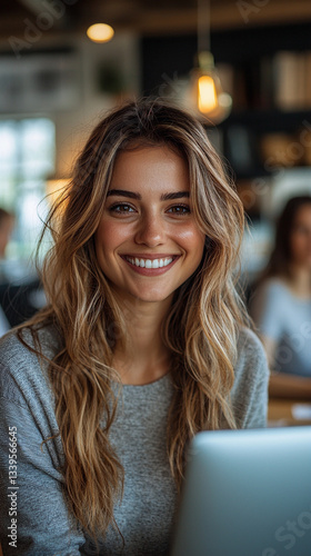 Smiling young woman with wavy blonde hair in cafe using laptop