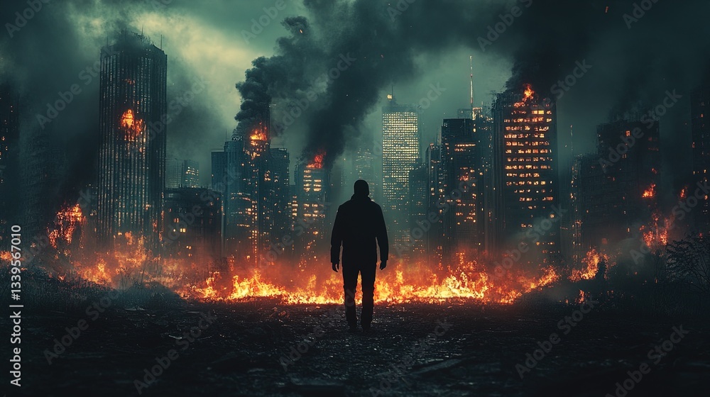 Fototapeta premium A dark silhouette walking away from a burning city, symbolizing moving on from chaos 