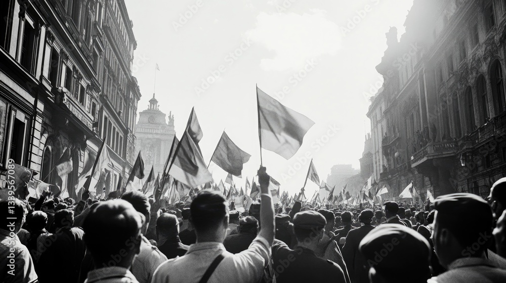 Fototapeta premium czarno-białe zdjęcie upamiętniające Dzień Zaduszny, przedstawiające zabytkową ulicę pełną radosnych ludzi machających flagami