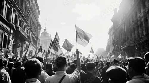black-and-white photograph commemorating ve-day showcasing vintage street scene filled with joyous people waving flags