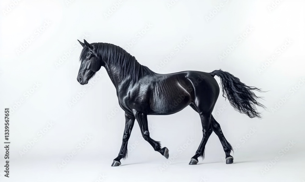 Fototapeta premium A black horse is walking on a white background
