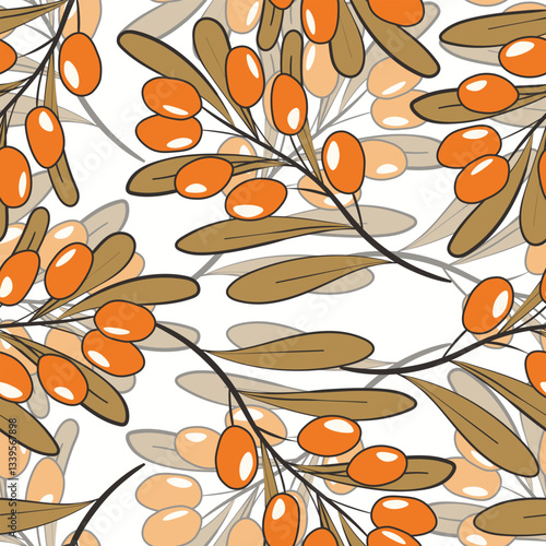 Seamless pattern with sea buckthorn. Natural fresh ripe tasty berries. Vector illustration for background, packaging, textile, fabric and various other designs.