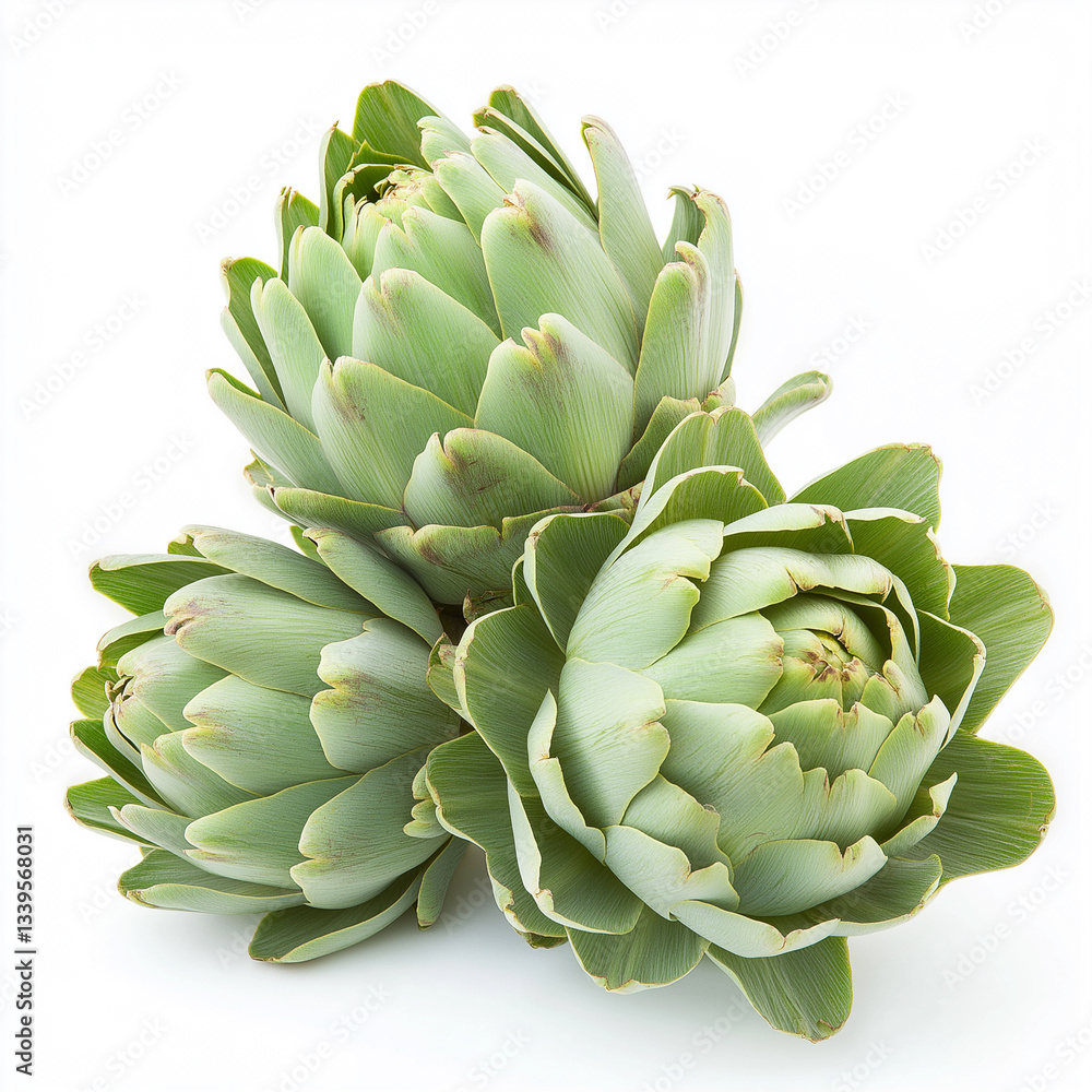 Fototapeta premium two fresh green artichokes with layered leaves and, Isolated on white Background.