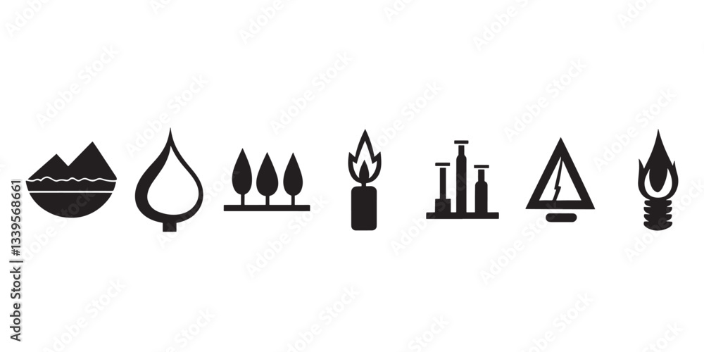 Vector icons set nature elements water fire trees candle mountain camp light bulb minimalist design Vector icons set nature elements water fire trees candle mountain camp light bulb minimalist design