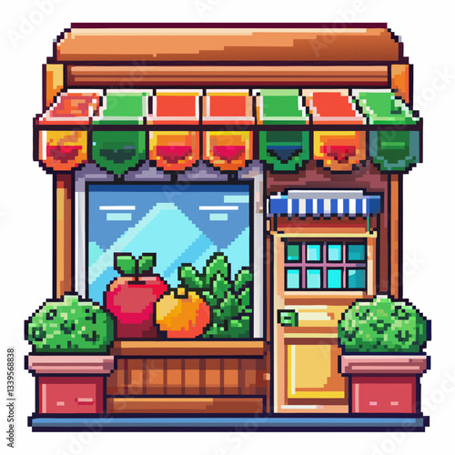 Retro Pixel Art Grocer's Shop with Colorful Fruits and Plants