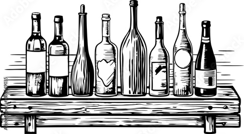 Vintage Wine Bottles Illustration on Rustic Wooden Shelf