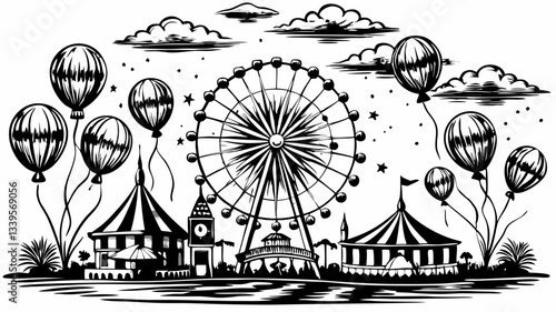 Vintage Carnival Scene with Ferris Wheel and Hot Air Balloons