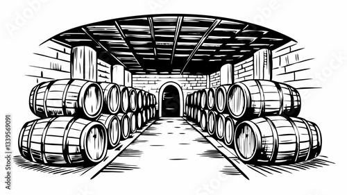 Rustic Wine Cellar with Wooden Barrels in Black and White Illustration