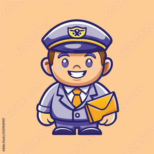Cute Postman Mascot Cartoon Character Delivering Mail with a Friendly Smile