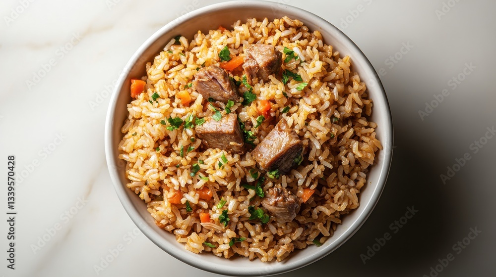 Filipinoinspired Tuna Caldereta rice in white bowl presentation Filipinoinspired Tuna Caldereta rice in white bowl presentation