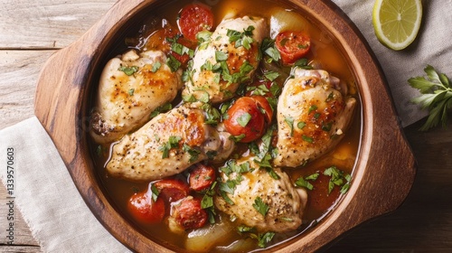 Photographie studio de plat mijot de poulet coco et chorizo