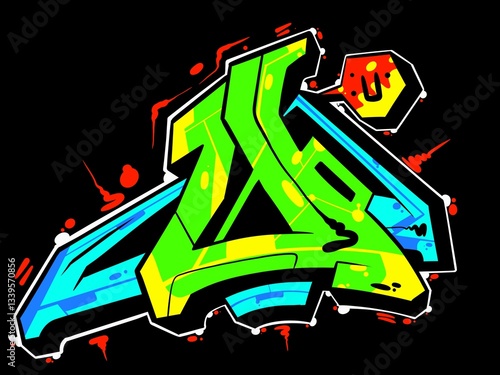 illustration of letter u, digital graffiti u with cool wildstyle pattern and bright colors