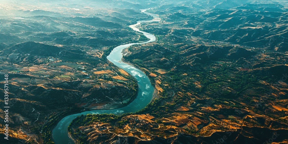 Beautiful high-altitude view of a river meandering through a valley Beautiful high-altitude view of a river meandering through a valley