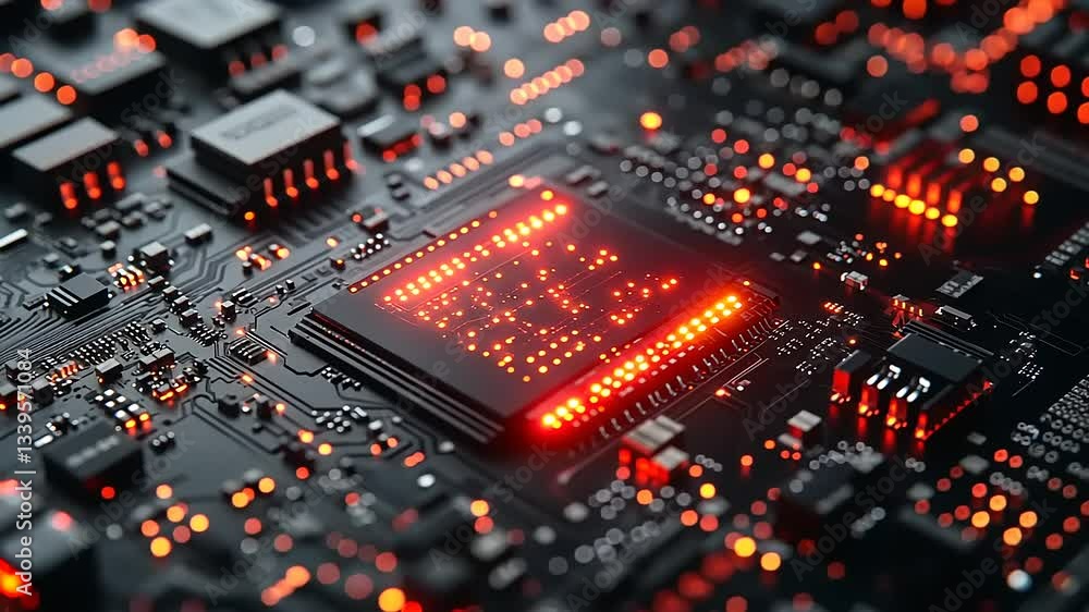 Close-up view of a glowing microchip on a circuit board, showcasing intricate connections and technology Close-up view of a glowing microchip on a circuit board, showcasing intricate connections and technology