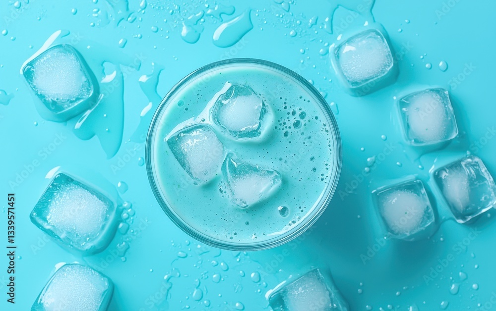 Blue spirulina smoothie with coconut milk floating with ice cubes on a pastel sky-blue background Blue spirulina smoothie with coconut milk floating with ice cubes on a pastel sky-blue background