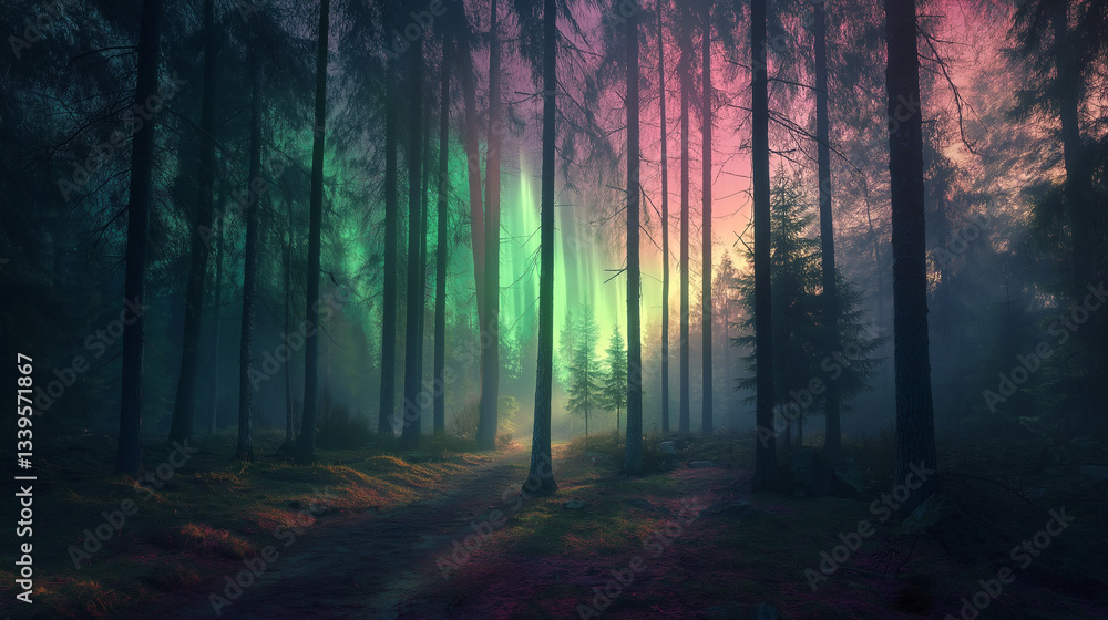 Fototapeta premium Serene quiet forest illuminated by green and pink auroras creating a magical ethereal winter wonderland