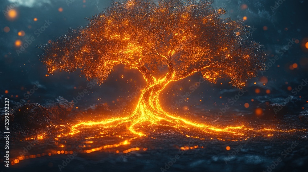 A glowing tree regrowing from its own ashes, symbolizing rebirth after destruction A glowing tree regrowing from its own ashes, symbolizing rebirth after destruction