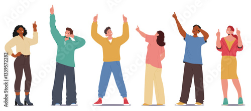 Diverse people cartoon characters pointing upward indicting showcasing something isolated set
