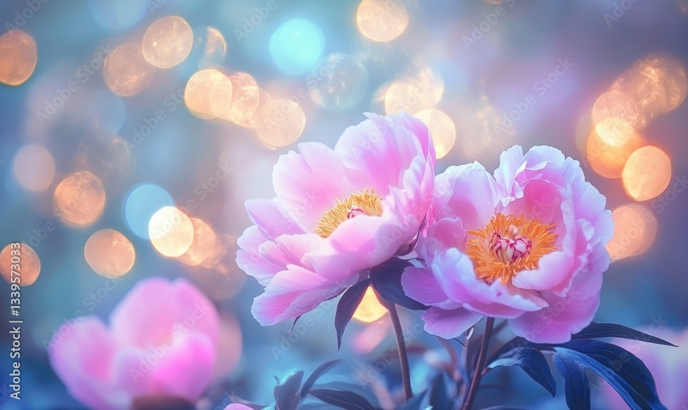 Fototapeta premium A close up of two pink flowers with a blurry background
