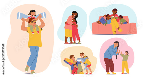 Happy family cartoon scene set with parents and kids spending time playing reading together