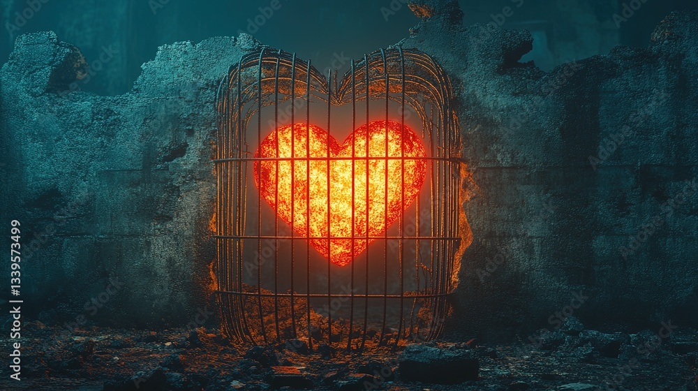 Fototapeta premium A glowing heart in a crumbling concrete cage, symbolizing fragile emotions 
