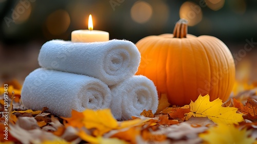 Fototapeta Naklejka Na Ścianę i Meble -  Spa setup with candle, towels, and pumpkin in fall leaves