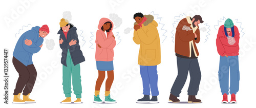 Diverse people cartoon characters freezing shivering from cold low temperature isolated set