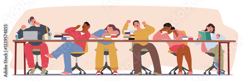 Bored students yawning, looking at wristwatch sleeping on textbooks stack while sitting at desk