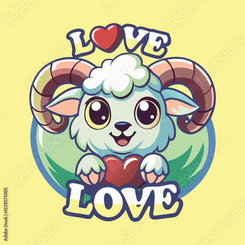Adorable Cartoon Ram Holding a Heart for Valentine's Day