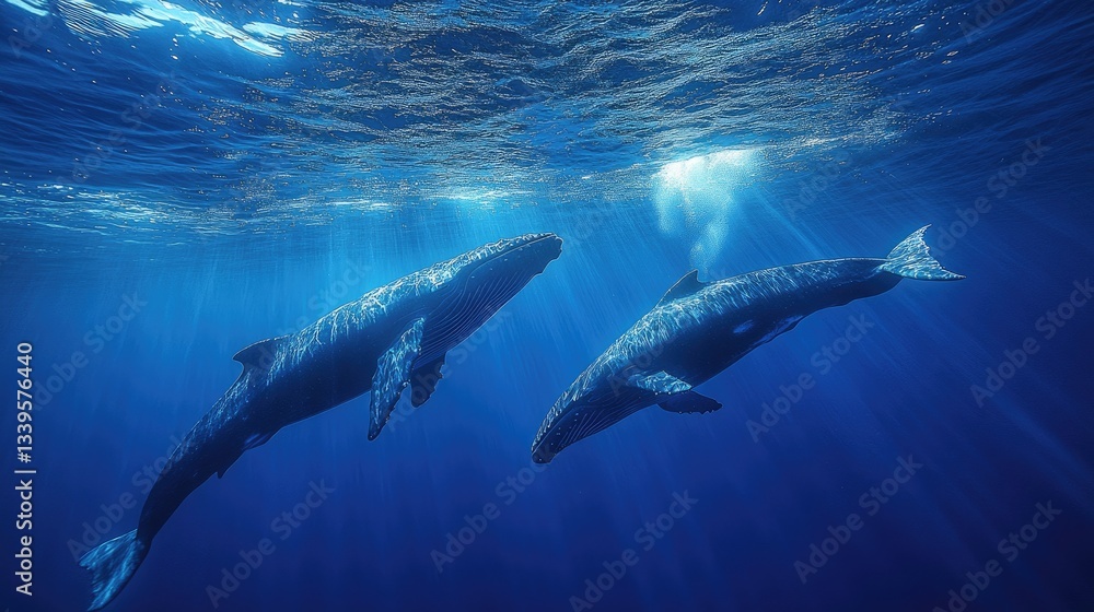 Two humpback whales swim gracefully underwater, sunbeams illuminating them. Perfect for marine life, ocean, or nature documentaries. Two humpback whales swim gracefully underwater, sunbeams illuminating them. Perfect for marine life, ocean, or nature documentaries.