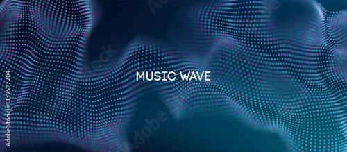 Abstract music wave background with glowing 3D dots, dynamic soundwave visualization, digital equalizer effect, and futuristic frequency pattern in blue and purple for audio and technology themes