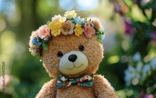 Easter-themed teddy bear with a floral wreath on its head