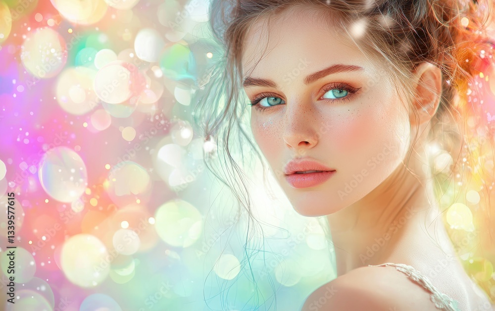 Elegant woman with striking cheekbones and glowing skin, surrounded by softly blurred Easter colors Elegant woman with striking cheekbones and glowing skin, surrounded by softly blurred Easter colors