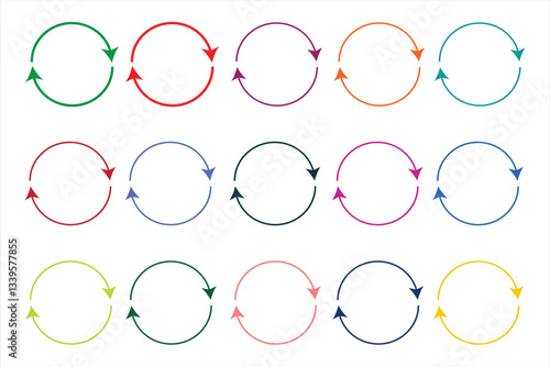 Single headed circular arrow icon set. One ended arrow illustration. Semi circular red black green blue arrow icon set. Multi colored single headed arrow icon set. Replaceable vector design.