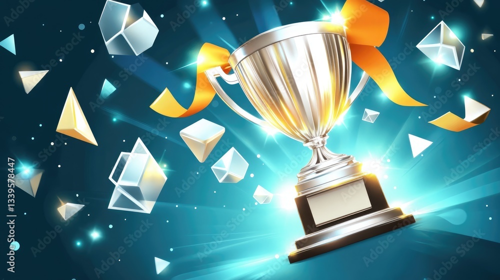Shining silver trophy with orange ribbon, geometric shapes background. Winning celebration concept Shining silver trophy with orange ribbon, geometric shapes background. Winning celebration concept