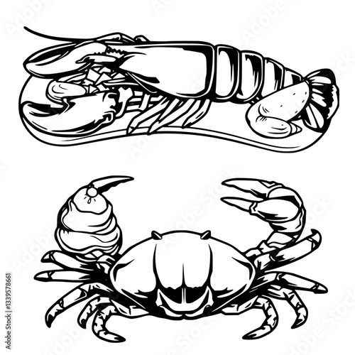 Lobster and Crab Vintage Illustration Black and White Seafood Design                                          